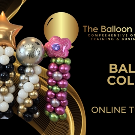 The Balloon Academy online tutorial class on balloon columns, herringbone column, 4-colour spiral column, floral column, gender reveal balloon columns training