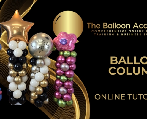 The Balloon Academy online tutorial class on balloon columns, herringbone column, 4-colour spiral column, floral column, gender reveal balloon columns training