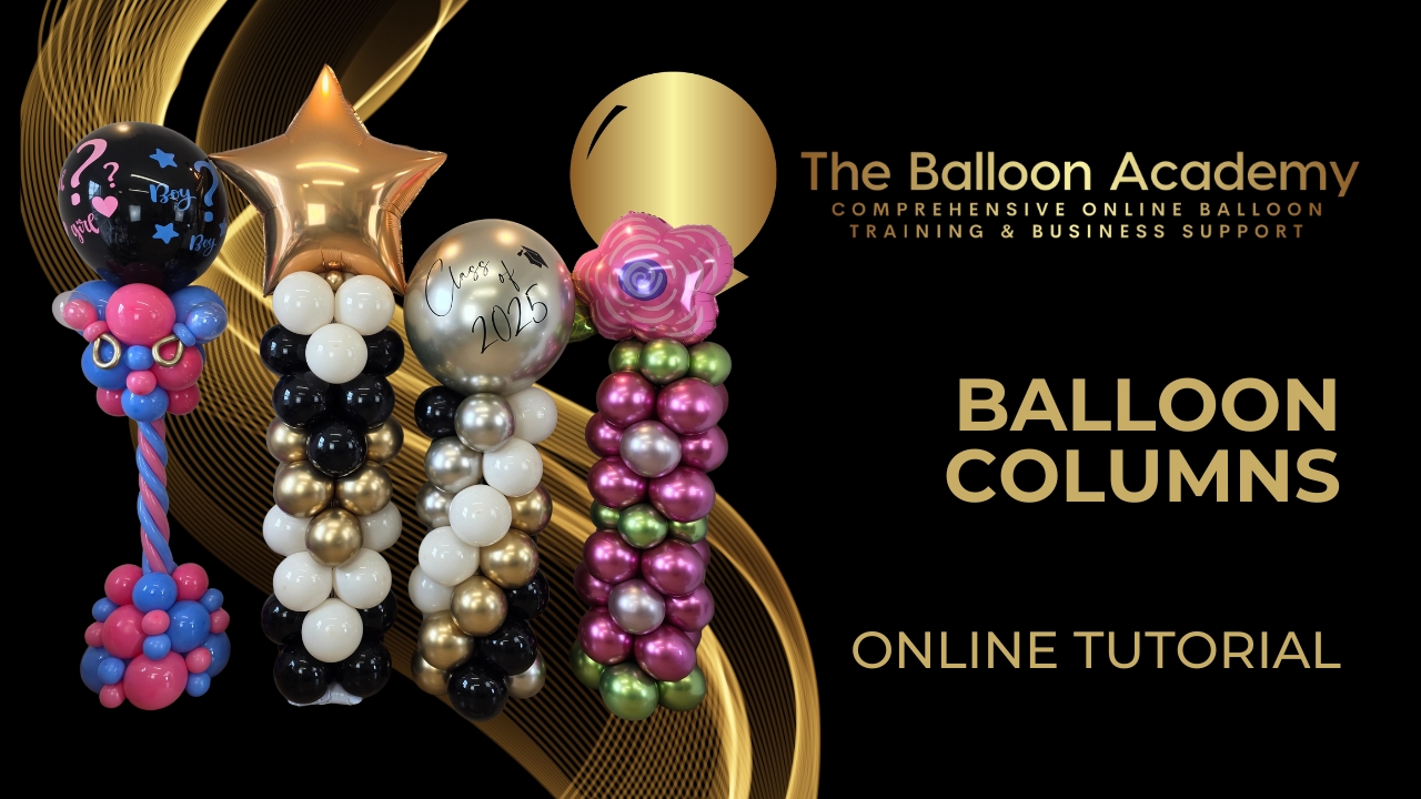 The Balloon Academy online tutorial class on balloon columns, herringbone column, 4-colour spiral column, floral column, gender reveal balloon columns training