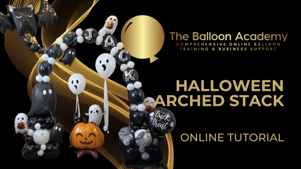 The Balloon Academy online tutorial - arched balloon stacks - halloween black ghost balloons