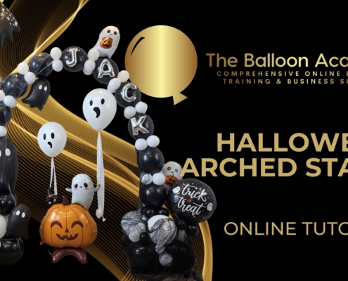The Balloon Academy online tutorial - arched balloon stacks - halloween black ghost balloons
