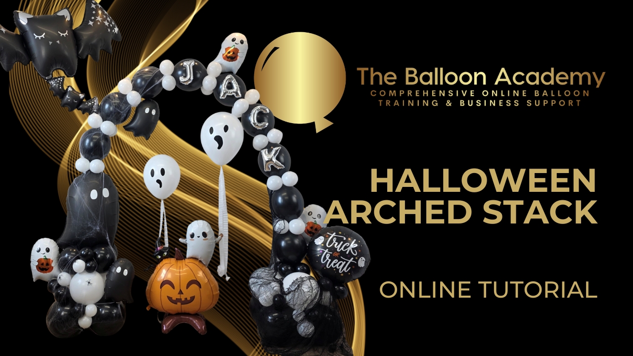 The Balloon Academy online tutorial - arched balloon stacks - halloween black ghost balloons